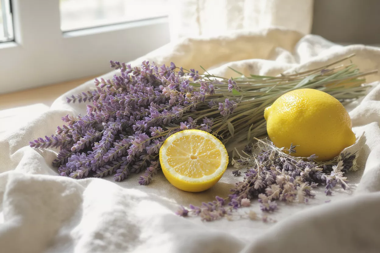 A vibrant arrangement of fresh lavender and bright lemons on a white cloth.