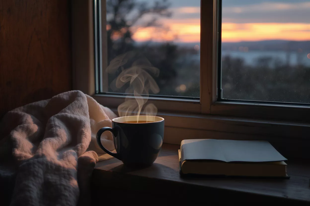 Steaming coffee mug, blanket, and book on a windowsill at sunset.