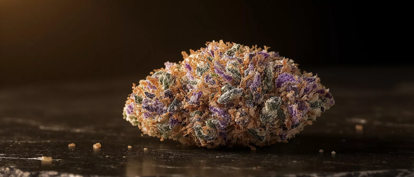 A close-up of a cannabis bud with vibrant purple, green, and orange hues.