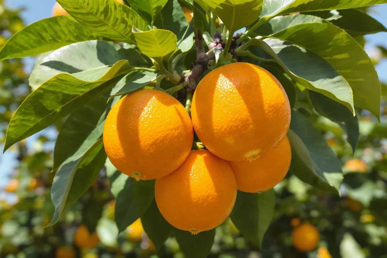 Four bright orange oranges hanging from a leafy green tree branch in sunlight.