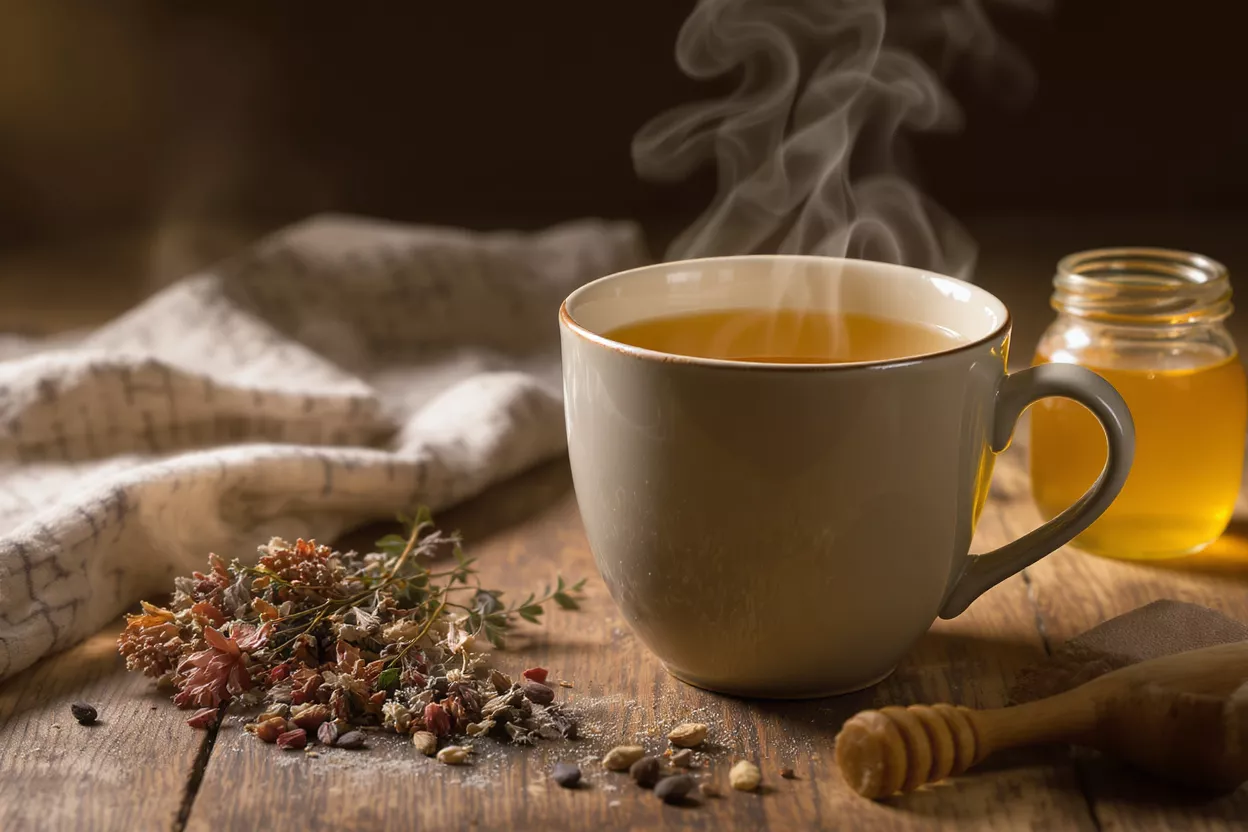 Steaming cup of herbal tea with dried herbs, honey, and dipper on a wooden table.