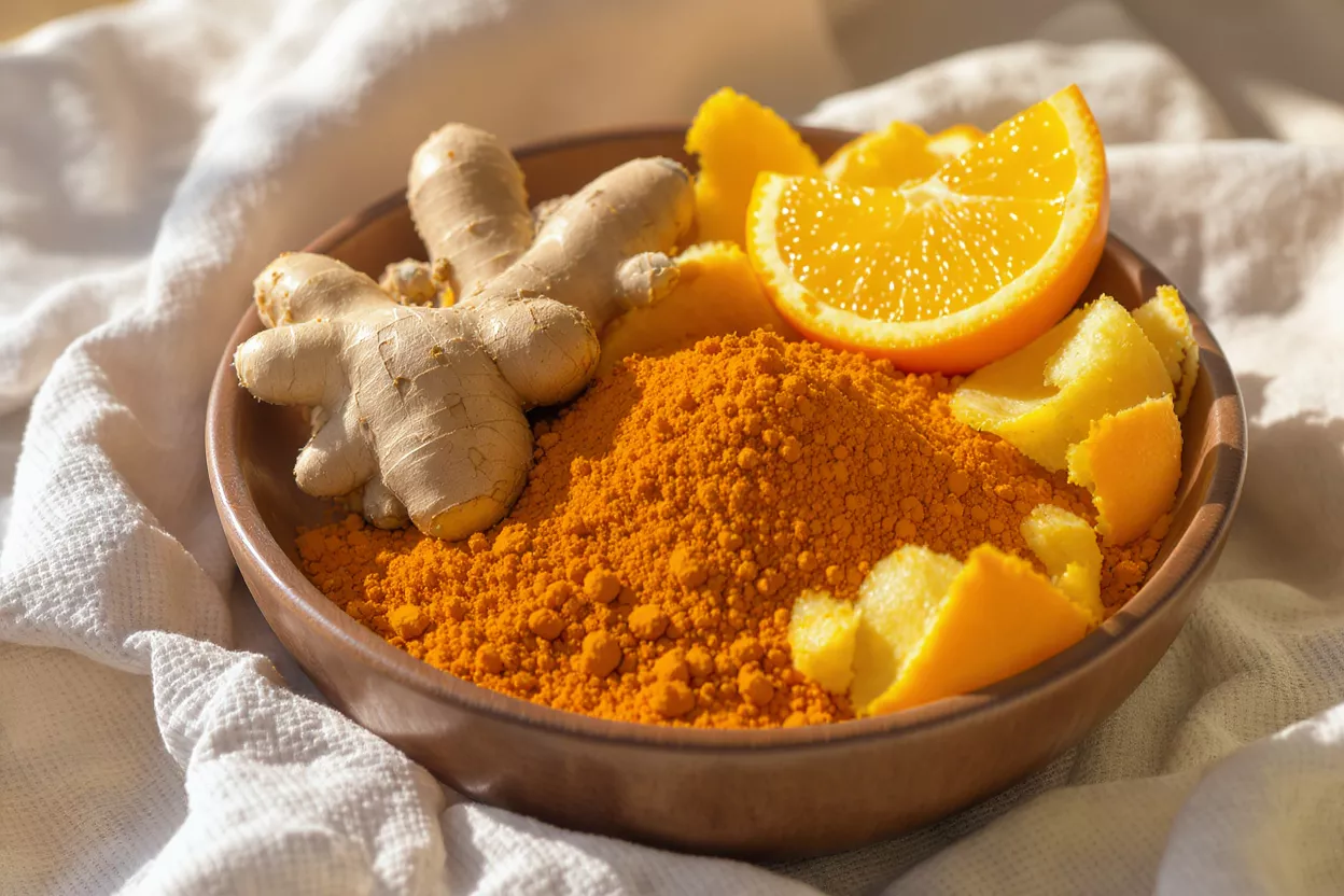 A bowl of turmeric powder, ginger root, and orange slices on white fabric.