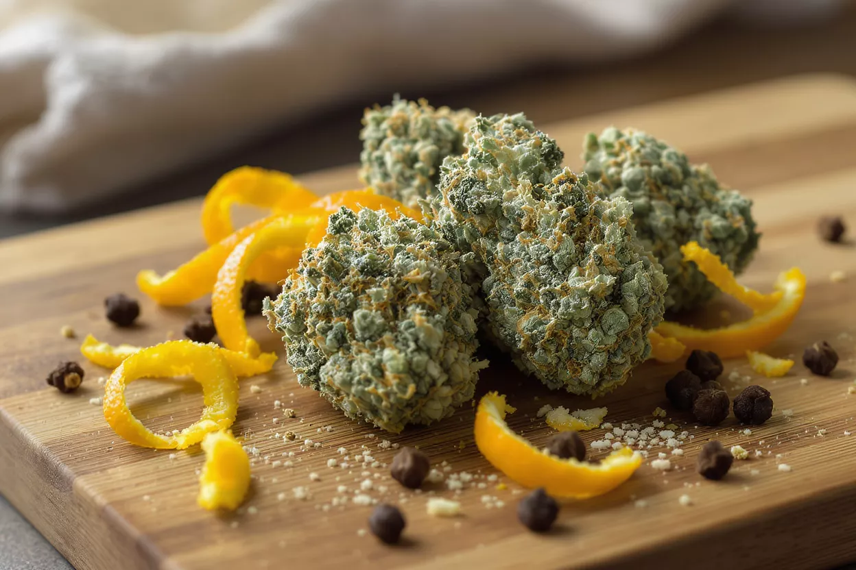 Close-up of three cannabis buds with orange peel and chocolate on a wooden board.