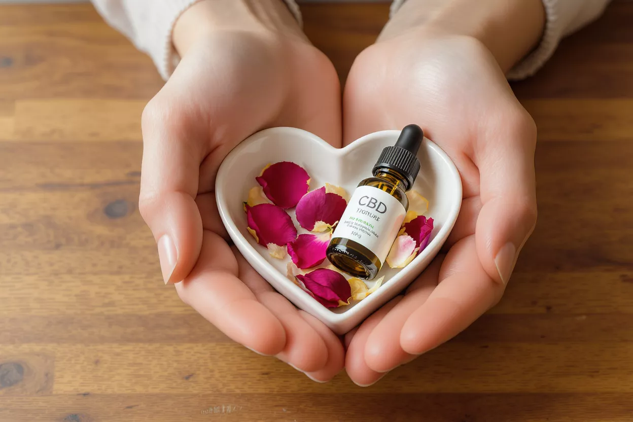 Des mains tenant une assiette en forme de cœur avec de la teinture de CBD et des pétales de roses.