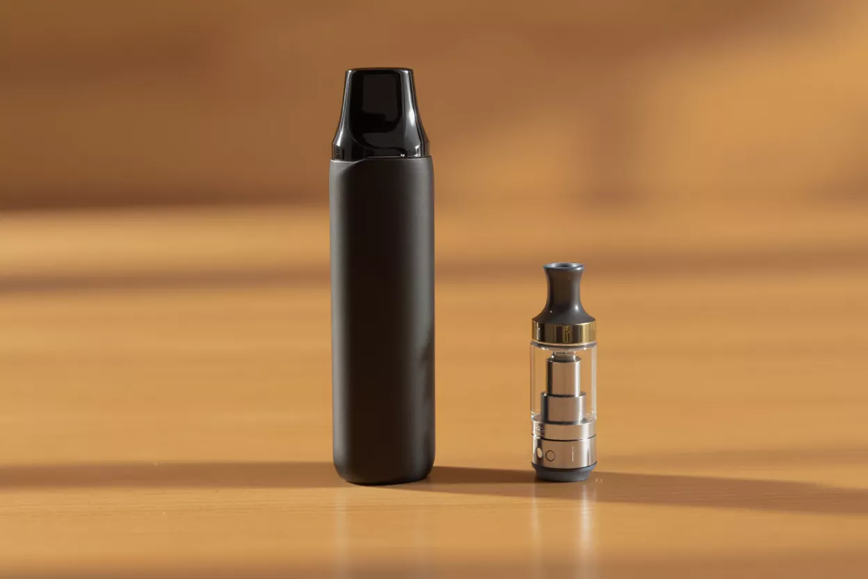Comparación de bolígrafo vape y tanque Bolígrafo vape negro junto a un tanque de vape transparente y plateado sobre una superficie de madera.