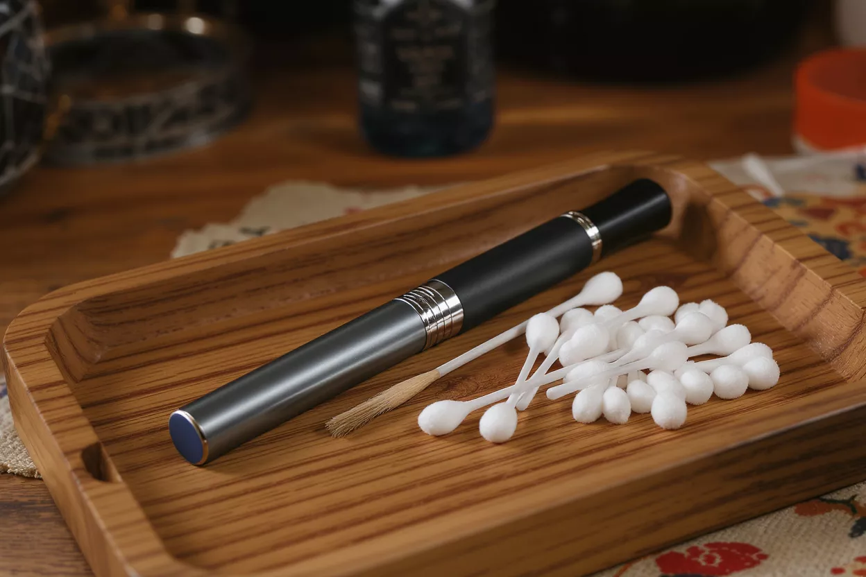 Kit de limpieza para vape Kit de limpieza para vape con lápiz, hisopos de algodón y cepillo en una bandeja de madera.