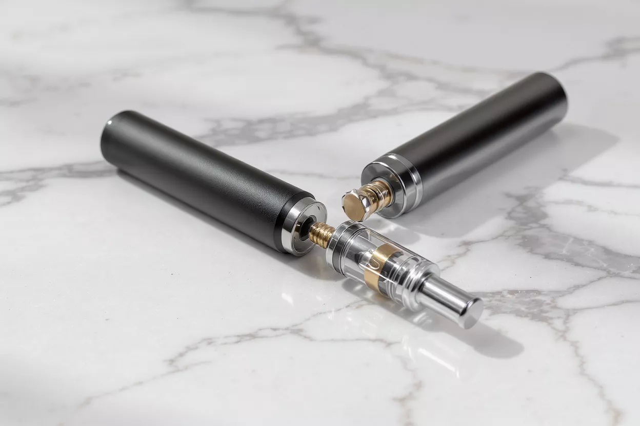 Two vape pen batteries and a clear atomizer on a white marble surface.
