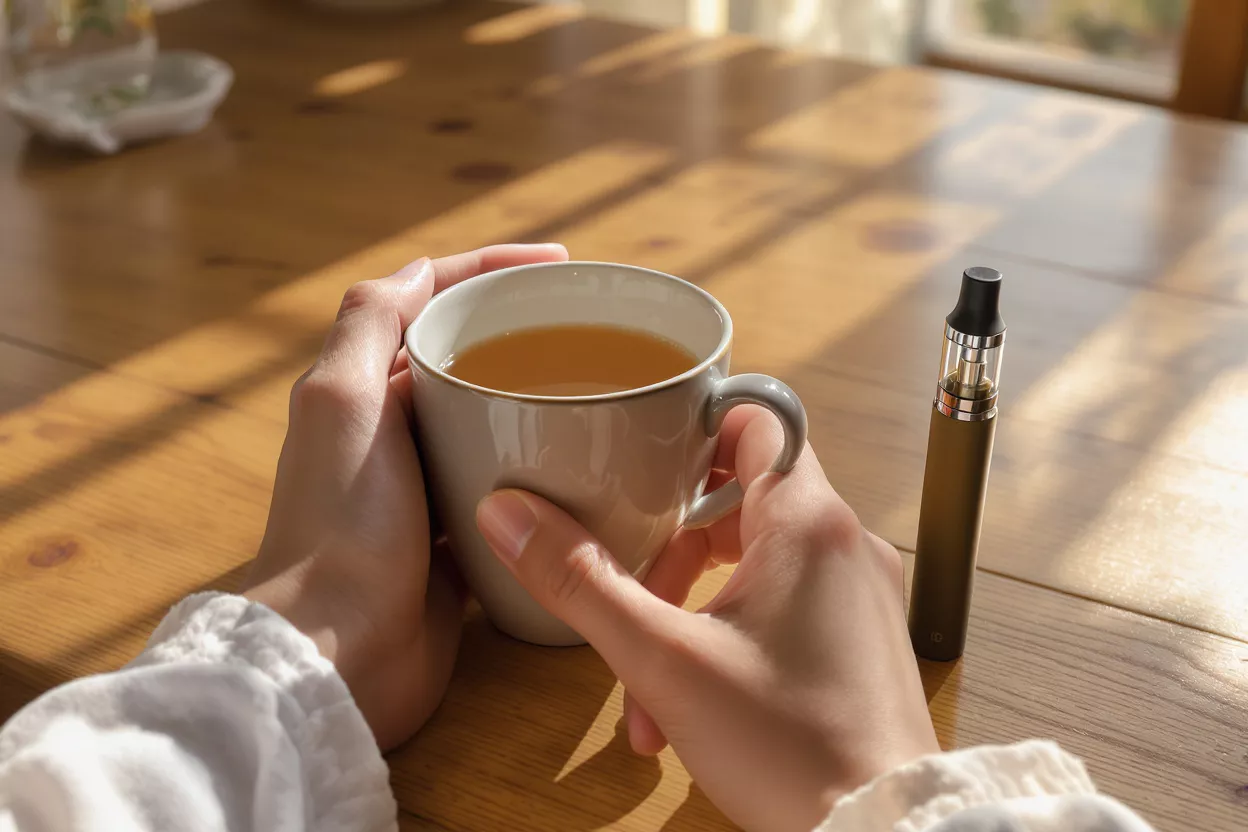 Hands holding a warm tea cup next to a vape device on a wooden table.