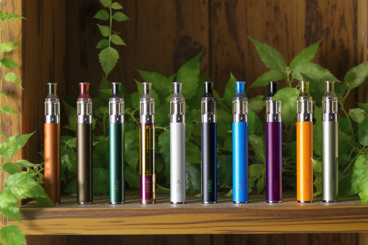 Ten colorful vape pens displayed on a wooden shelf with green leaves.