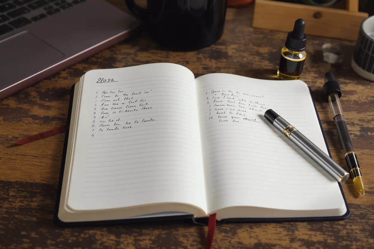Open notebook with handwritten list, fountain pen, and ink bottle on a wooden desk.
