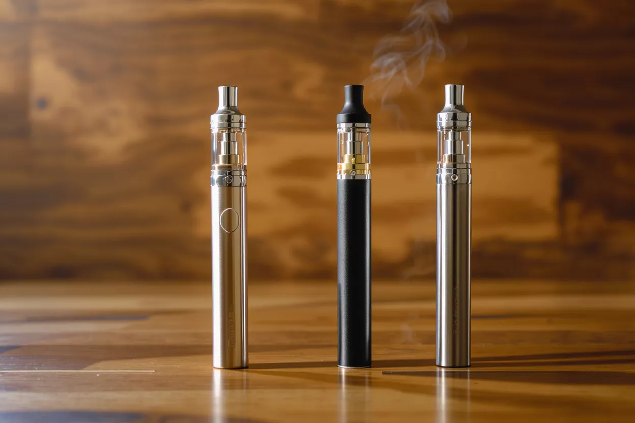 Three vape pens, two silver, one black, on a wooden surface with smoke.