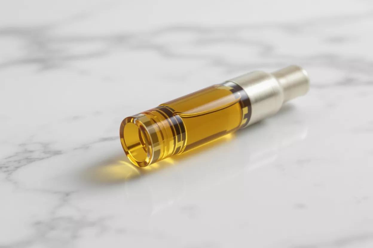 A golden cannabis vape cartridge filled with oil on a white marble surface.