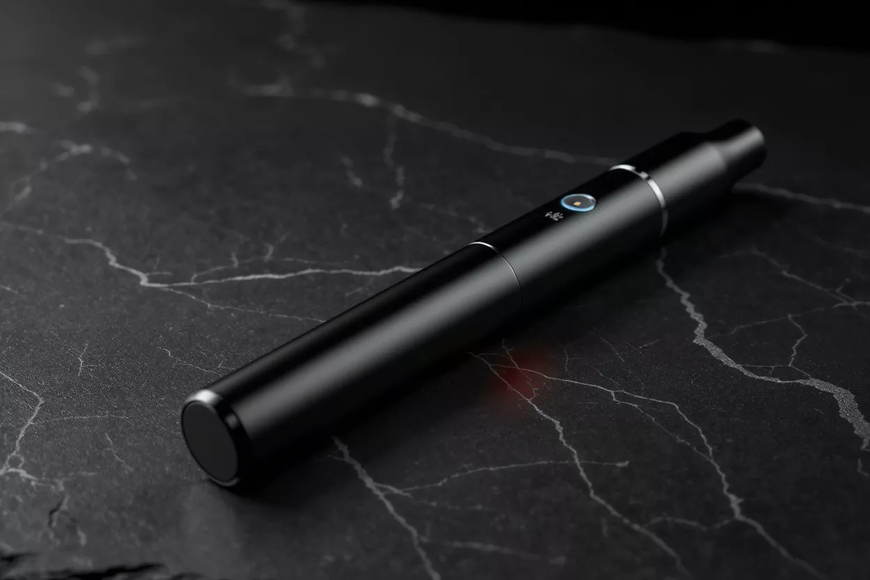 A black vape pen with a blue indicator light rests on a dark marble surface.