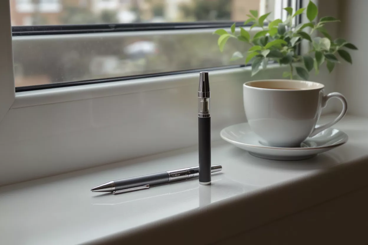 A black vape pen, a silver pen, and a coffee cup on a white window sill.