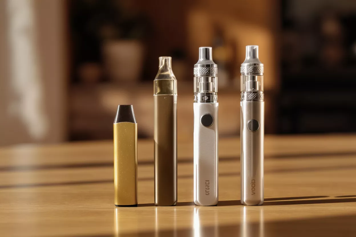 Four different vape devices on a wooden table, two gold, two silver.