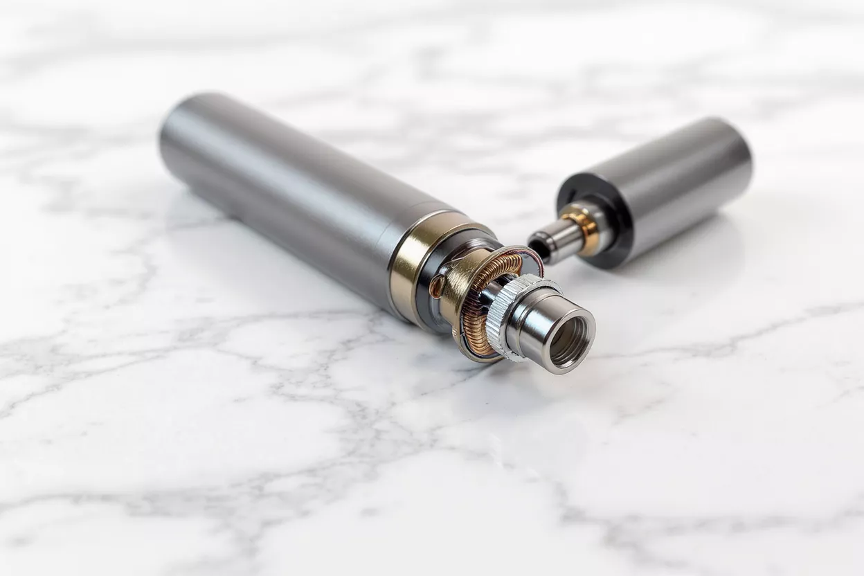 Primer plano de un vape desmontado mostrando sus componentes internos sobre mármol.