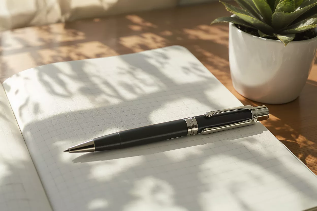 Black pen on a grid notebook with a succulent plant and sun shadows.