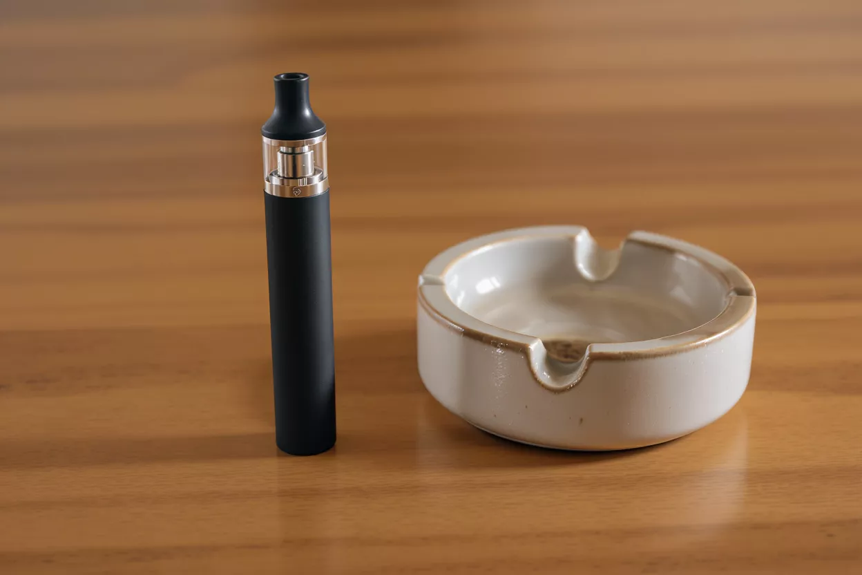 Un vapeador negro está de pie junto a un cenicero de cerámica sobre una mesa de madera.