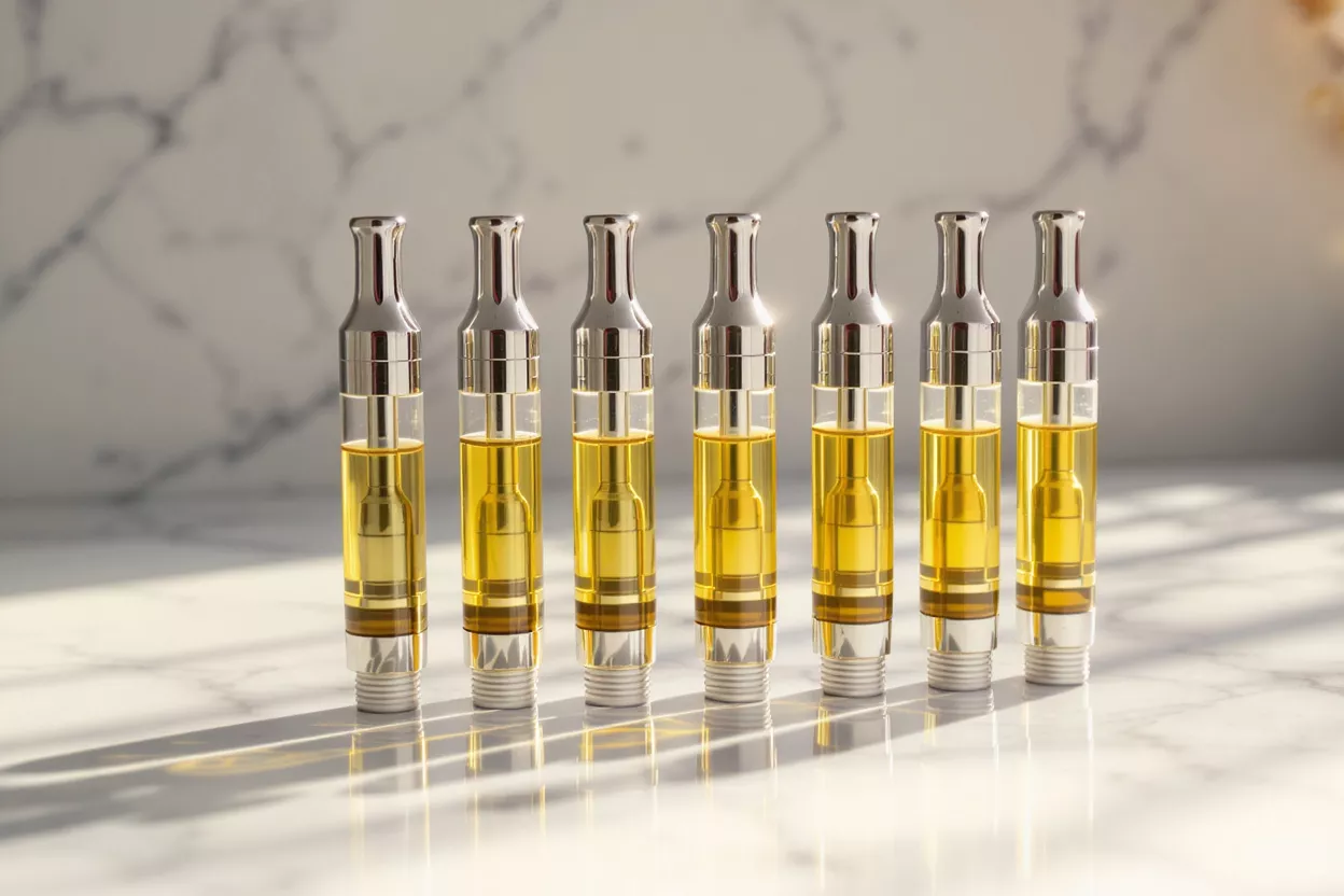 Seven CBD vape cartridges with golden oil on a white marble background.