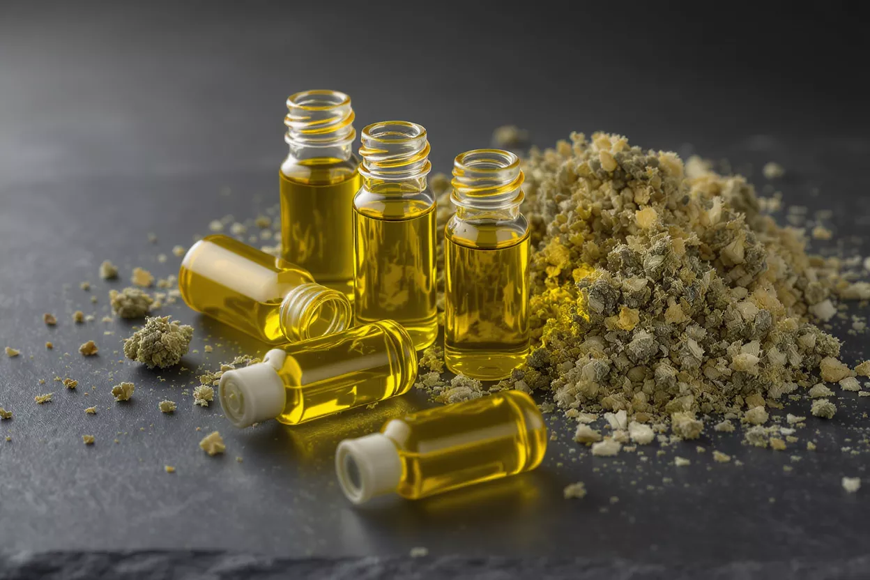 Pequeñas botellas de vidrio de aceite de CBD dorado junto a un montón de extracto de cáñamo.