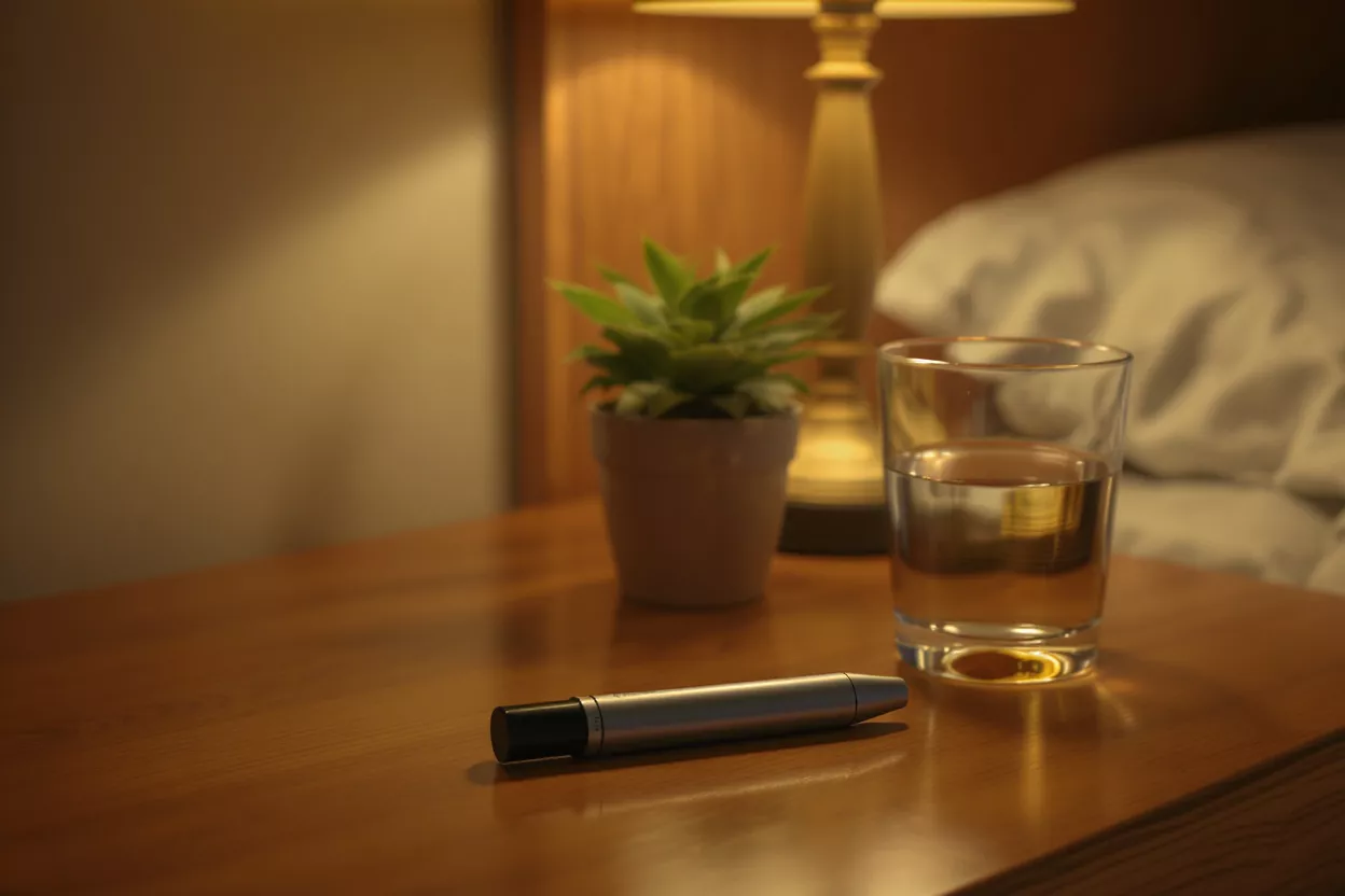 A vape pen, glass of water, and small plant on a wooden nightstand.