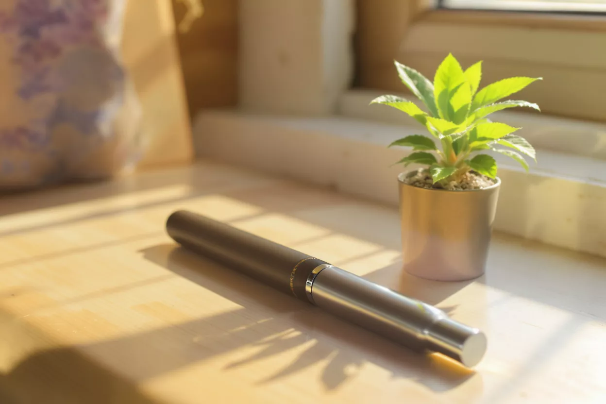 Una pluma elegante y una pequeña planta en maceta bañadas por la cálida luz solar sobre una superficie de madera.