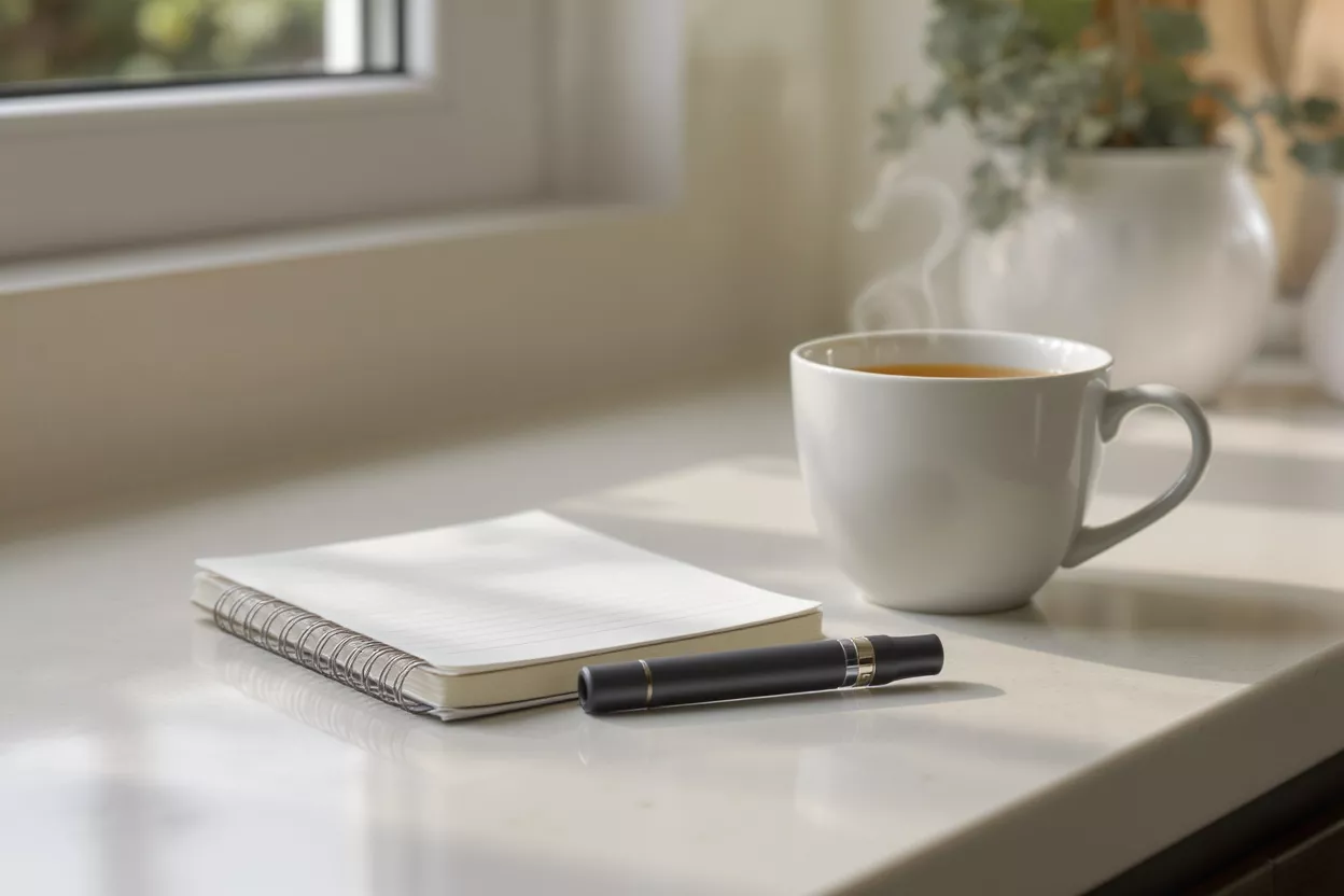 Steaming cup of tea, open notebook, and pen on a sunlit white counter.
