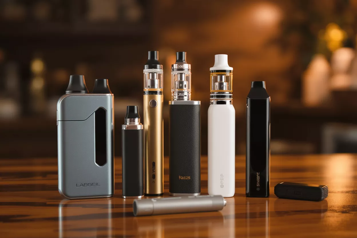 A diverse collection of vape devices in different colors and styles on a wooden surface.