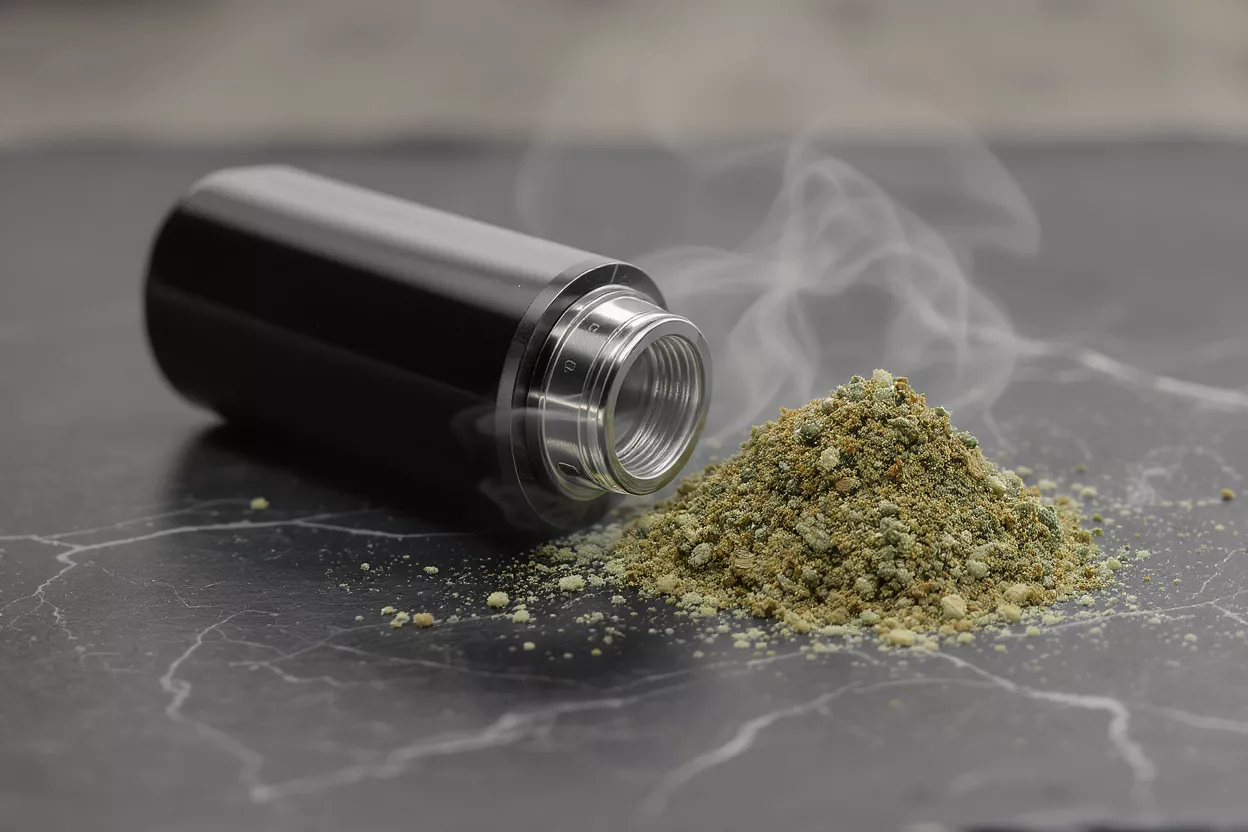 Black vaporizer next to a pile of ground herbs with smoke rising.