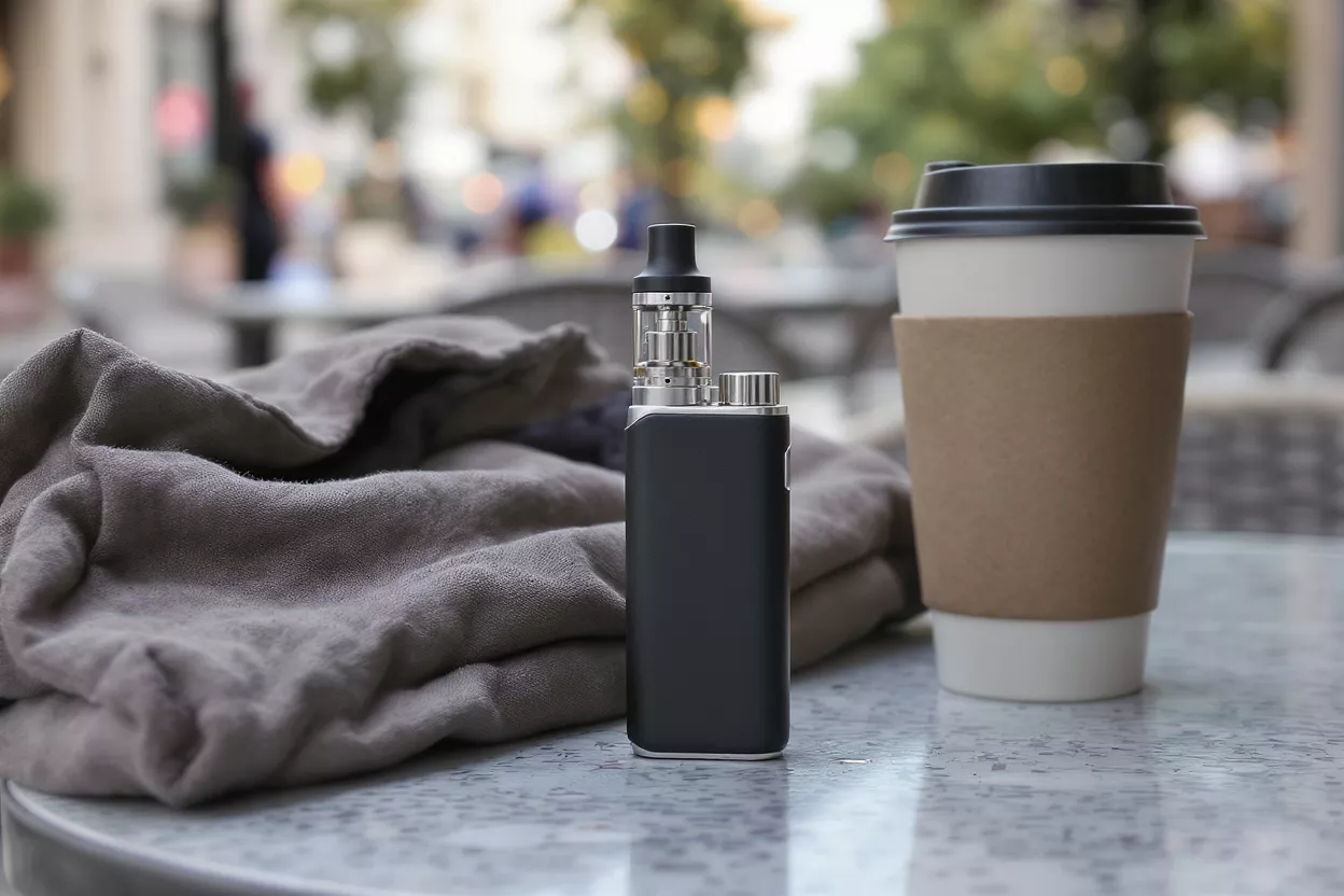 Vape device, coffee cup, and blanket on an outdoor cafe table.