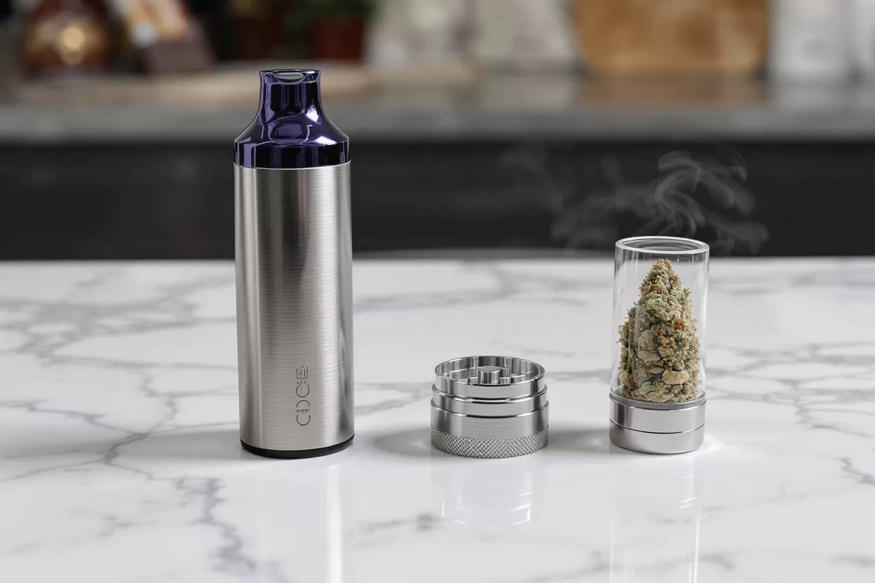A sleek silver vaporizer, grinder, and glass container with cannabis bud on a marble surface.