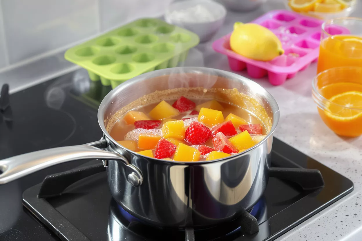 Stainless steel pot with simmering fruit compote on a stovetop with kitchen items.