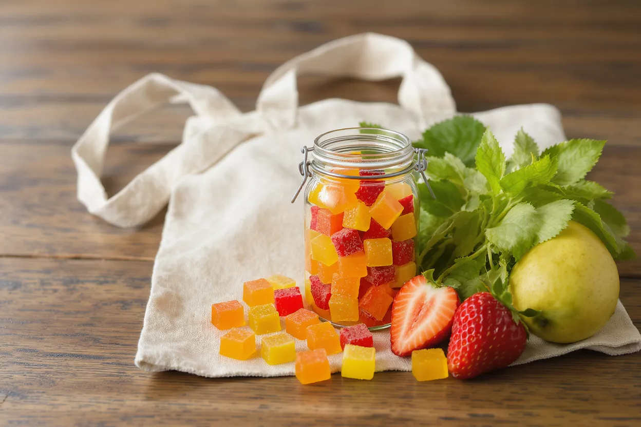 A jar of colorful fruit gummies, fresh strawberries, mint, and a pear on a cloth.