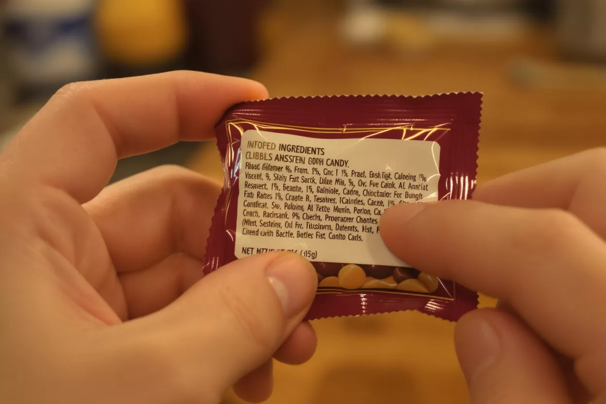 Close-up of hands holding a candy package, showing the ingredients label.