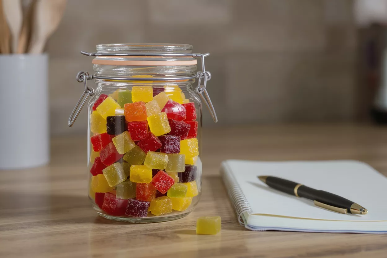 Glass jar filled with assorted colorful gummy cubes next to a notebook and pen.