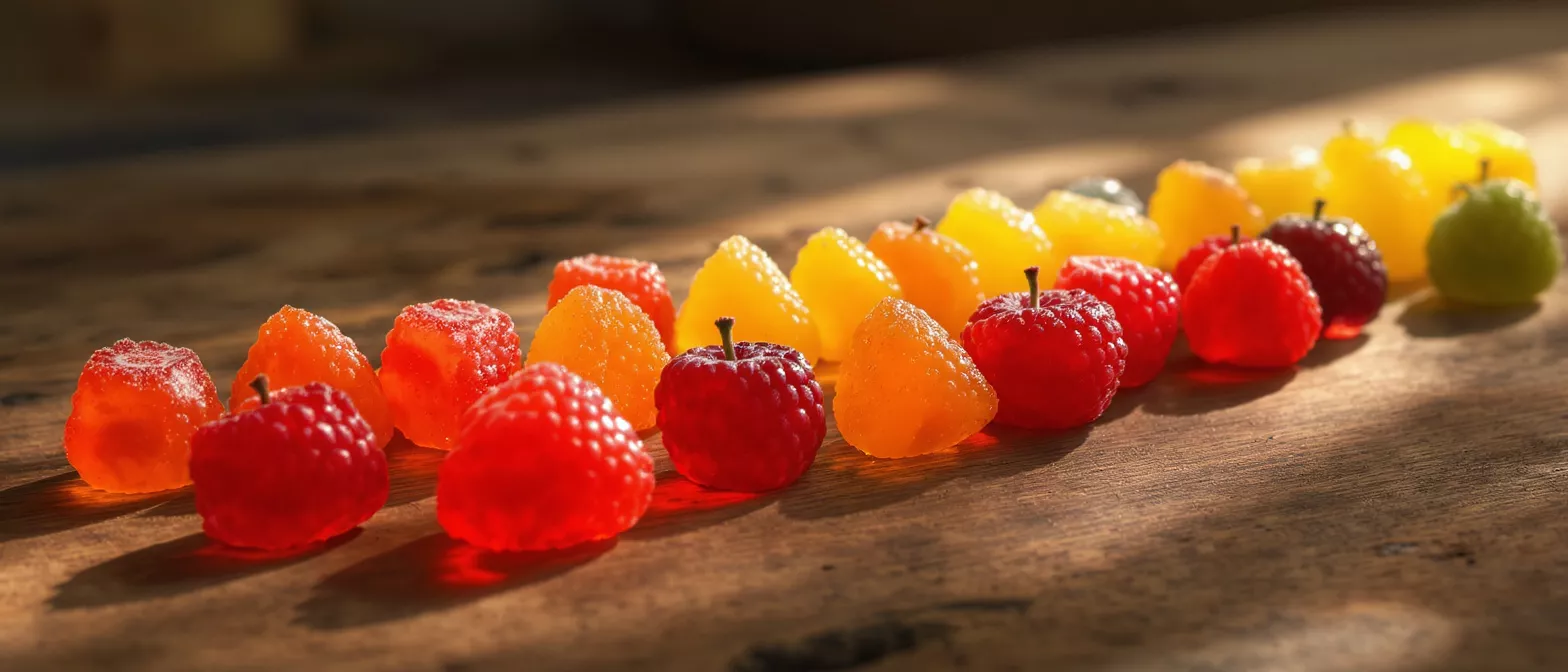 A line of vibrant fruit-shaped gummies in red, orange, and yellow on a wooden table.