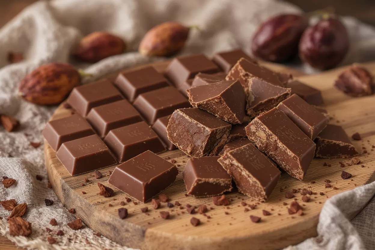 Broken chocolate bar pieces and whole squares on a wooden board with cacao pods.
