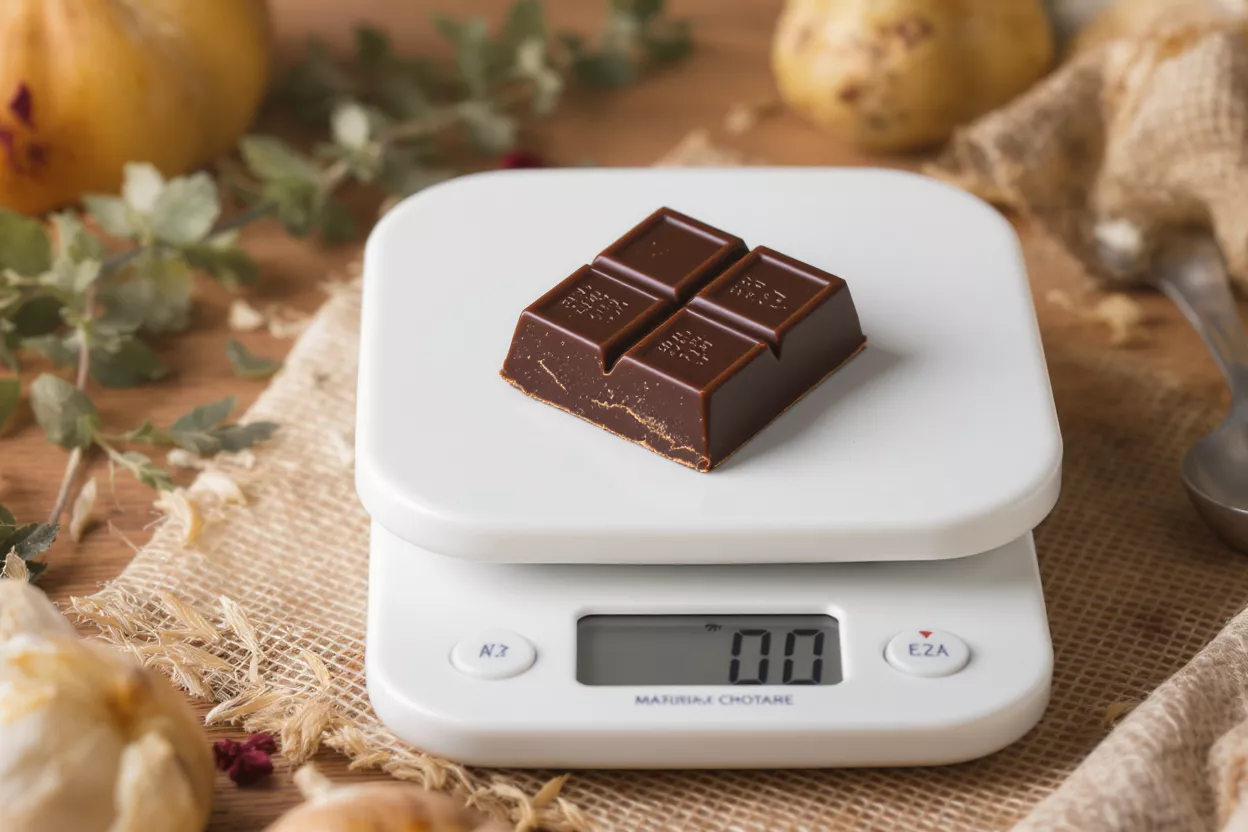 Dark chocolate bar pieces on a white digital kitchen scale with a rustic background.