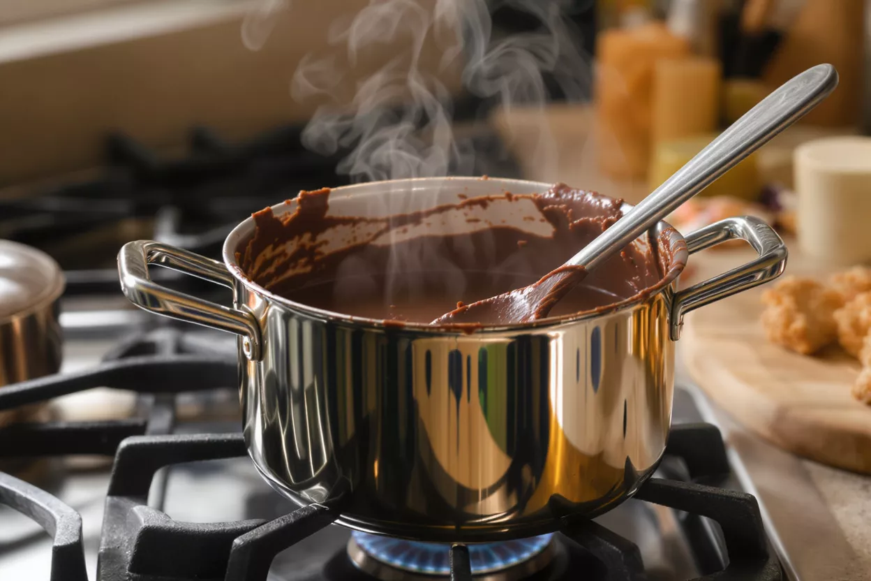 Steaming chocolate sauce in a stainless steel pot on a gas stove.