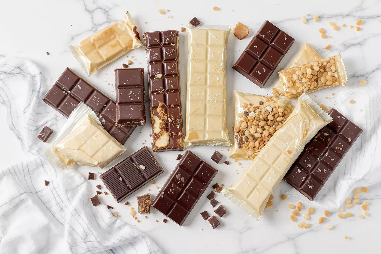 Variety of chocolate bars, including dark, milk, white, and nut-filled.