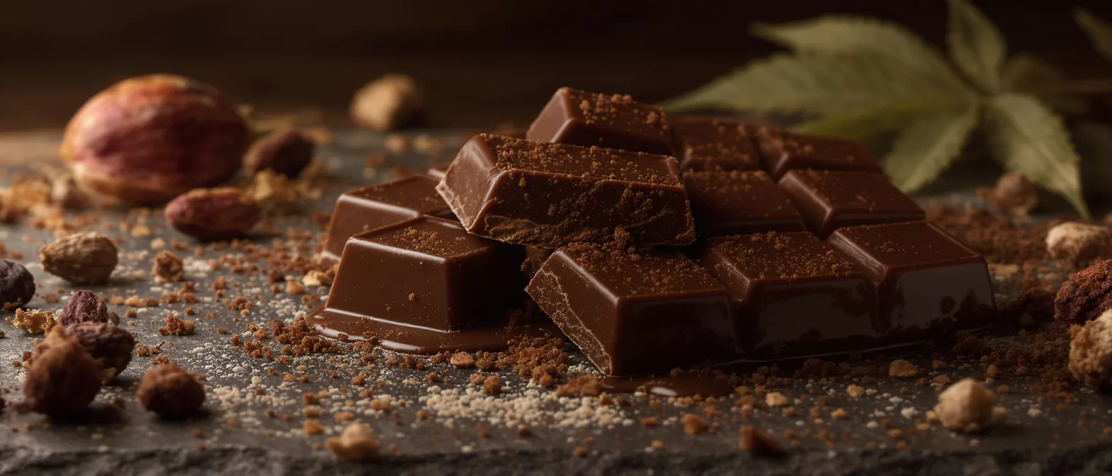 Dark chocolate squares dusted with cocoa powder on a dark surface with nuts and leaves.