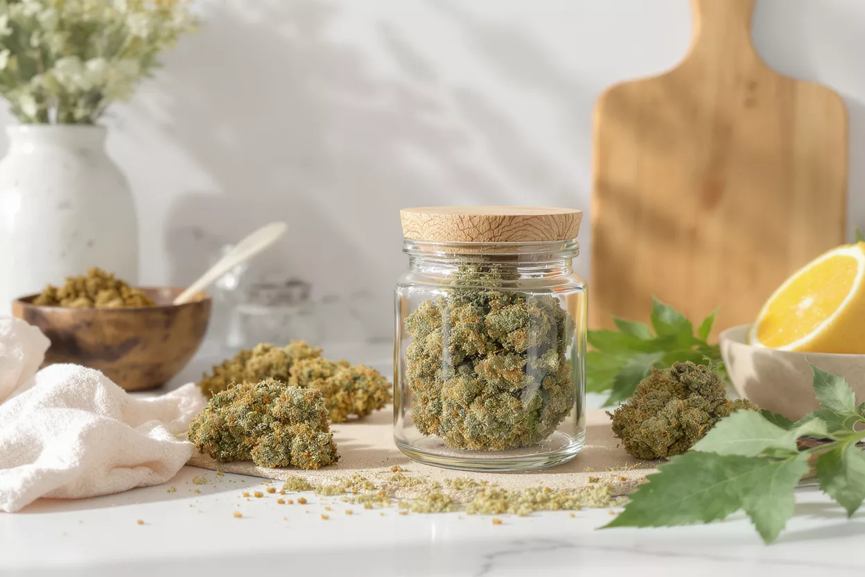 Glass jar filled with cannabis buds on a table