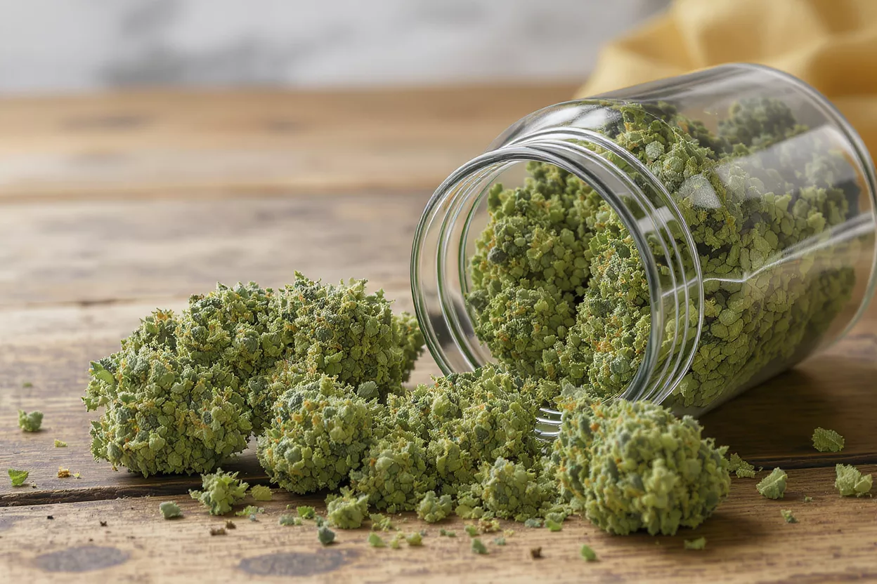 A jar spilling green herb onto a wooden surface