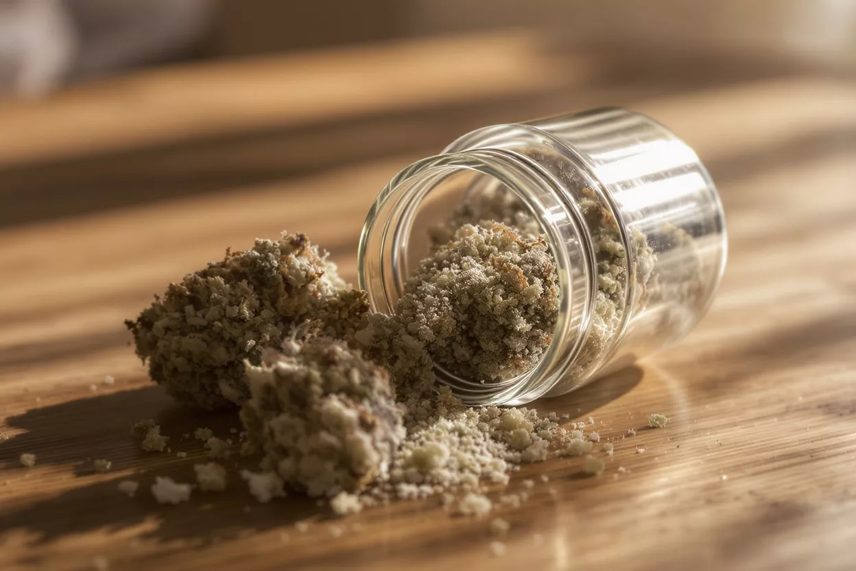 A glass jar spilled with herb on wooden surface
