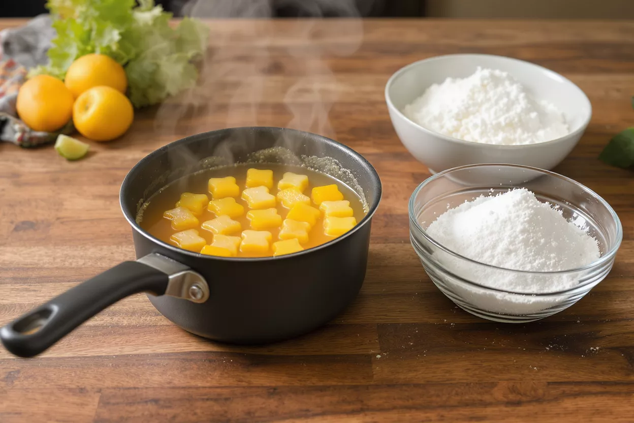 A pot of star-shaped gummies cooking with bowls of white powder and citrus.