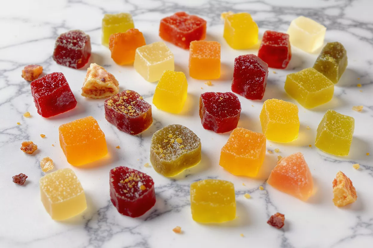 Assortment of vibrant, sugar-dusted fruit jellies on a white marble surface.