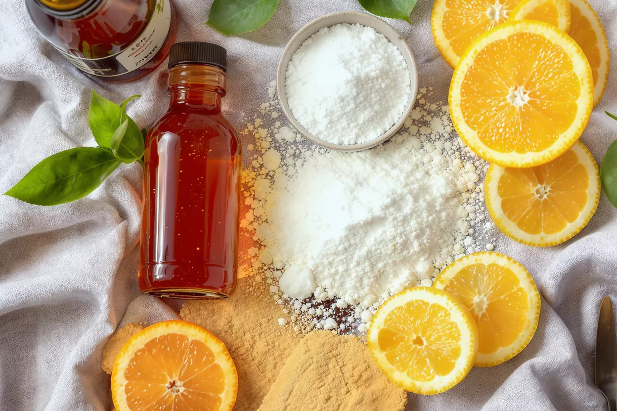 Overhead view of orange slices, honey, and white and orange powders.