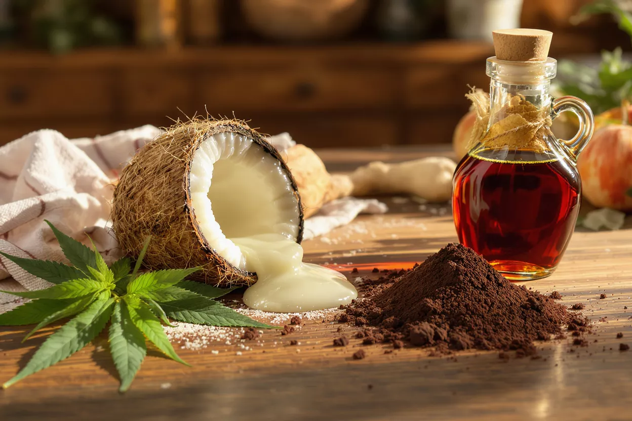 Coconut, cannabis leaf, cacao powder, and oil on a wooden surface.