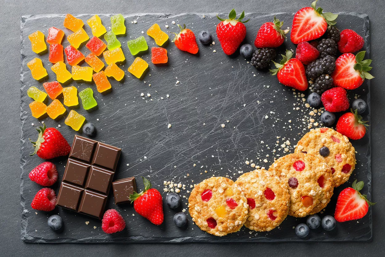 Assortment of gummy candies, fresh berries, chocolate, and cookies on a slate board.