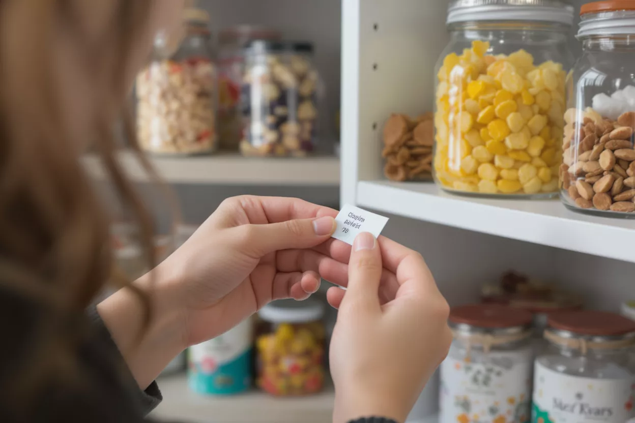 Hands holding a label in front of a pantry shelf with glass jars.